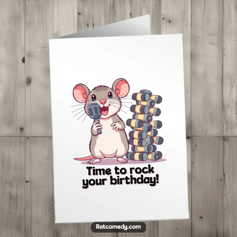 Funny Free Printable Birthday Card: Rat dramatically posing next to a comically large stack of tiny microphones. Diva energy and celebration.