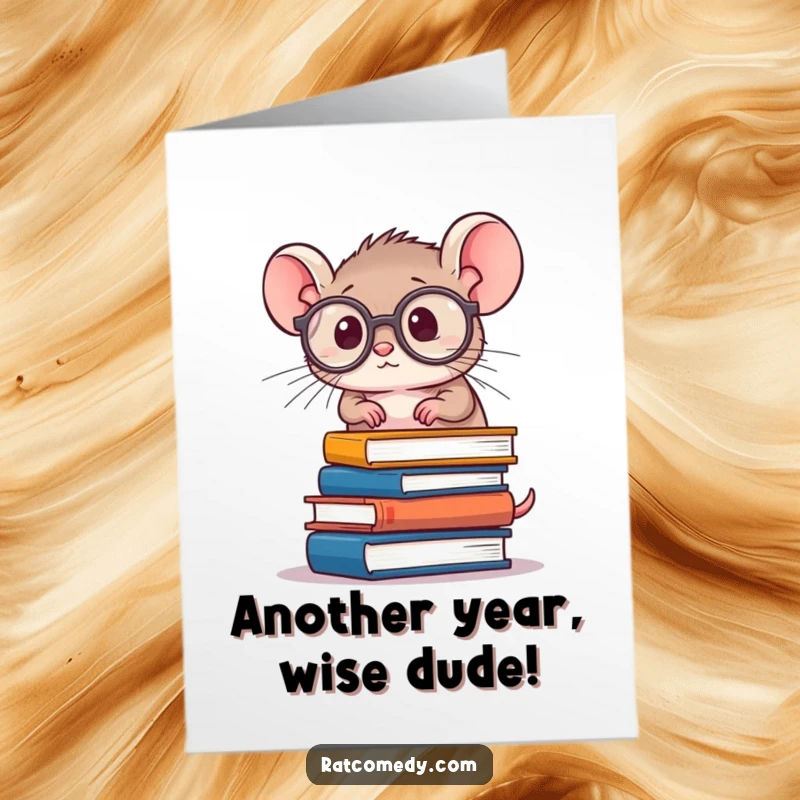 Funny free printable birthday card: A tiny, round rat with oversized spectacles struggles to balance a tall stack of books, looking studious and clumsy.