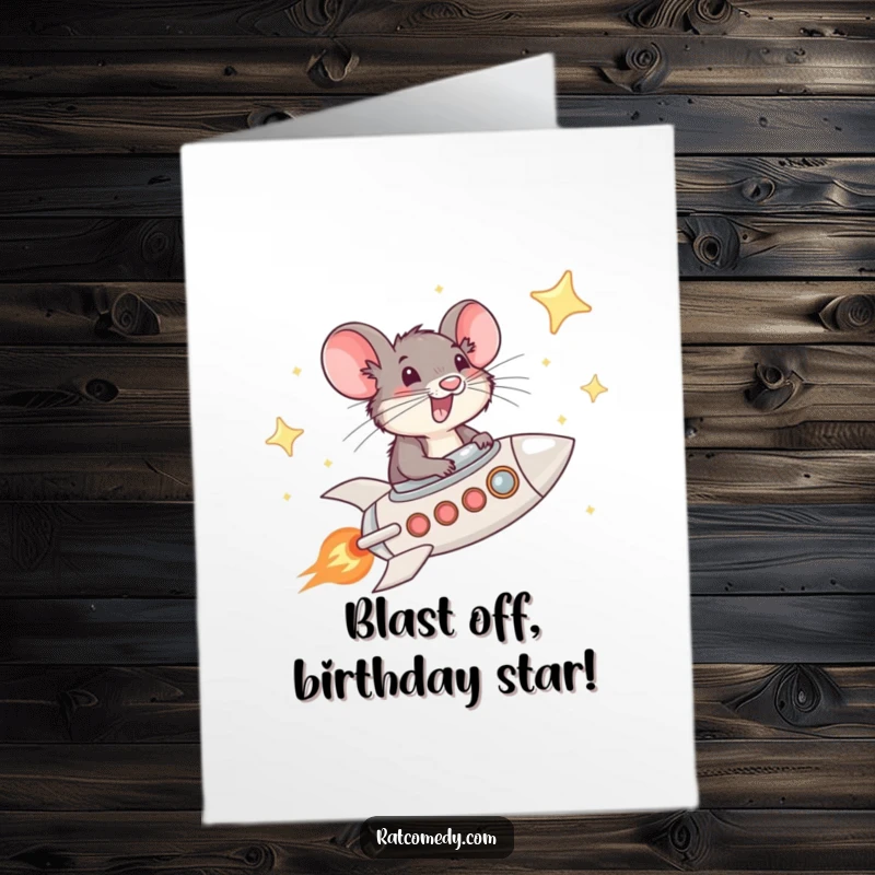Funny free printable birthday card: A whiskered rat joyfully pilots a mini rocket ship through a vibrant, starry sky on a cosmic birthday mission.