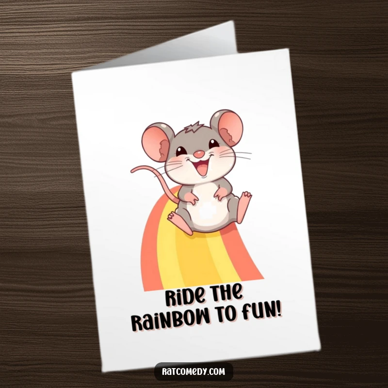 Funny Free Printable Rat sliding down a rainbow, smiling wide, with birthday confetti, a fun downloadable card.