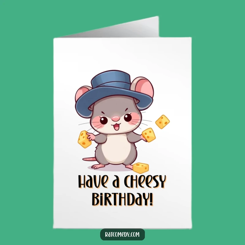 Funny Free Printable Birthday Card: Kawaii Rat Juggling Cheese - Cheesy Wishes!