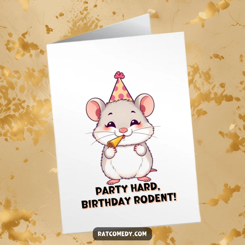 Funny free printable birthday card: A fluffy rat wearing a silly party hat gleefully blows a party horn, ready to celebrate with infectious joy.