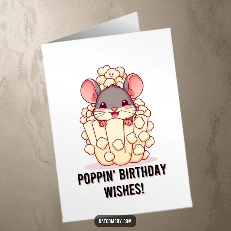 Funny Free Printable Birthday Card: Cheerful rat peeking from behind a giant, overflowing popcorn kernel. Excitement and fun.