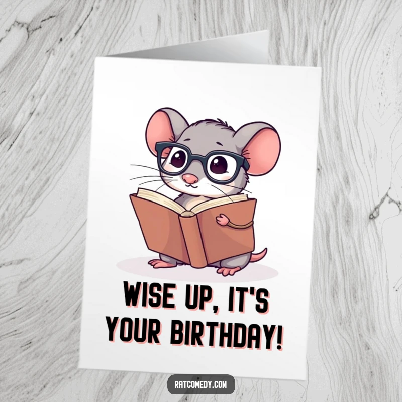 Funny Free Printable Birthday Card featuring a small rat wearing spectacles, engrossed in a giant book. A scholarly celebration.
