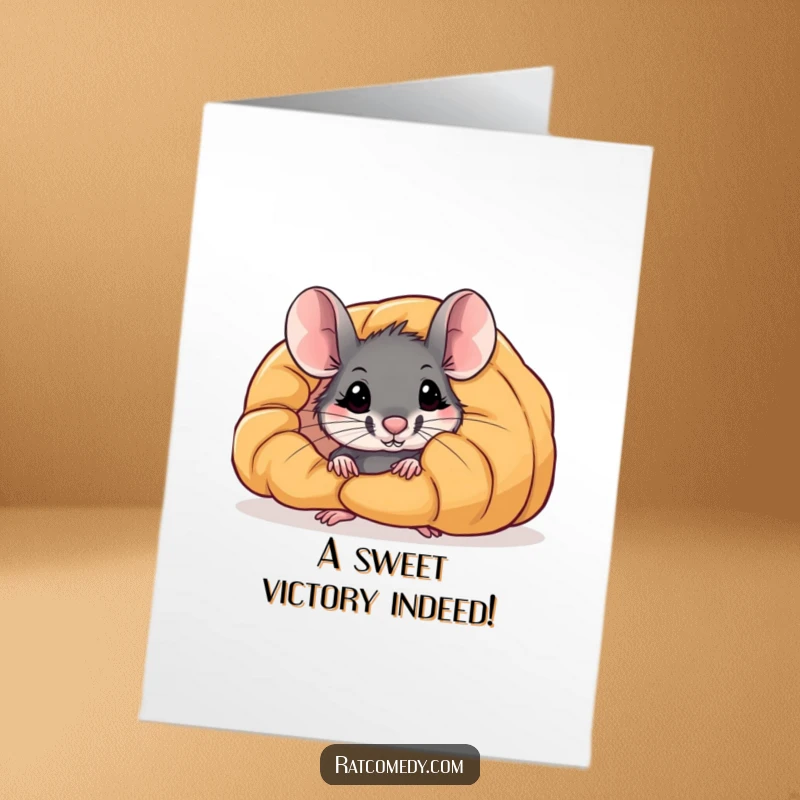 Funny Free Printable Rat peeking from behind a huge croissant, conveying congratulations, a delightful downloadable card.