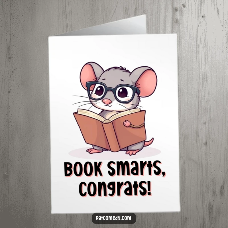 Funny Free Printable Congratulations Card showing a small rat wearing spectacles, reading a giant book. A toast to intelligence.