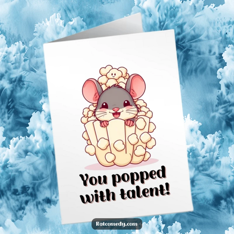 Free Printable Congratulations Card: A cheerful rat peeking from behind a giant popcorn kernel. Excitement and celebration.