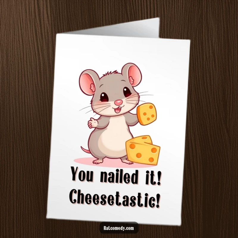 Funny Free Printable Congrats Card: Skilled rat juggles colorful cheese wheels, cheering your amazing accomplishment.
