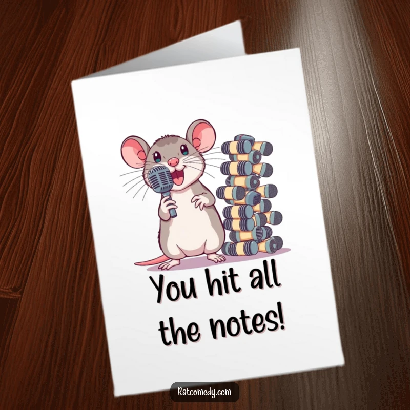 Free Printable Congratulations Card: A rat striking a dramatic pose beside a comically large stack of microphones. Superstar achievement.