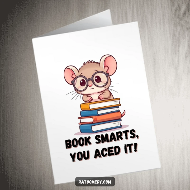 Funny free printable congratulations card of a tiny, round rat wearing oversized glasses, precariously balancing a stack of books, celebrating academic success.