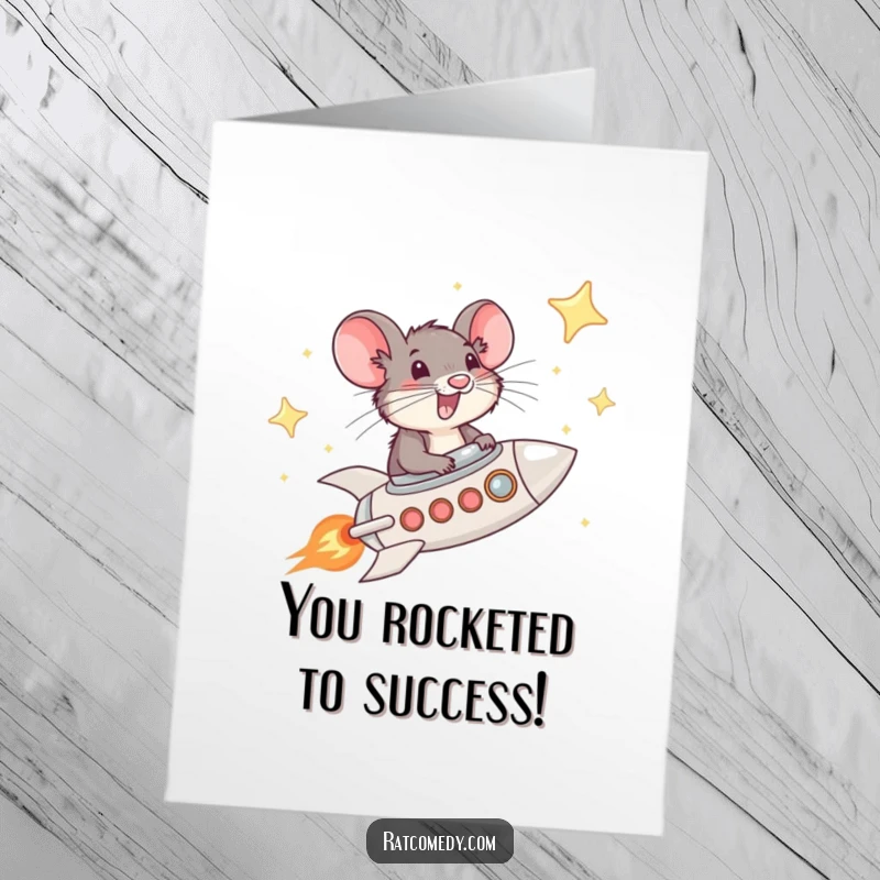 Funny free printable congratulations card showing a whiskered rat joyfully piloting a mini rocket ship through a starry sky, celebrating a cosmic success.