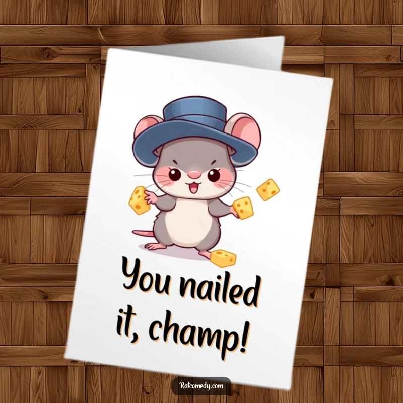 Free Printable Congratulations Card: A kawaii rat in a tiny top hat, skillfully juggling three cheese chunks. Celebration and fun.