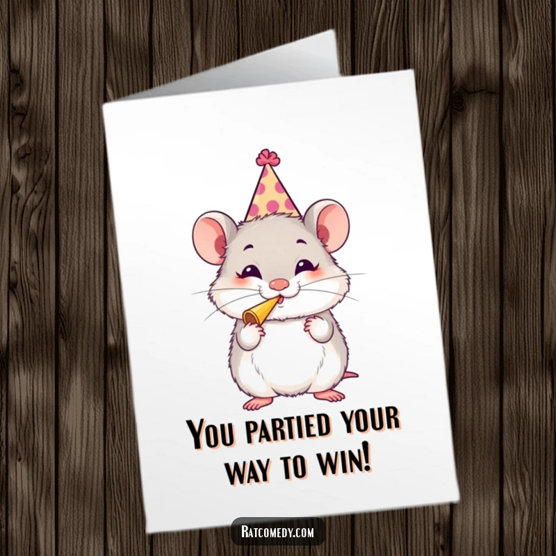 Funny free printable congratulations card: A fluffy rat in a silly party hat gleefully blows a party horn, celebrating a fantastic achievement with cheer.