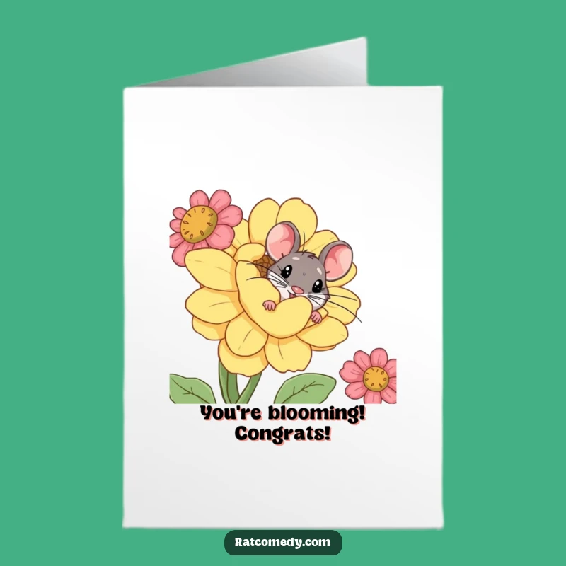 Free Printable Congrats Card: Curious Rat Peeks Through Flower, Celebrating Your Win!