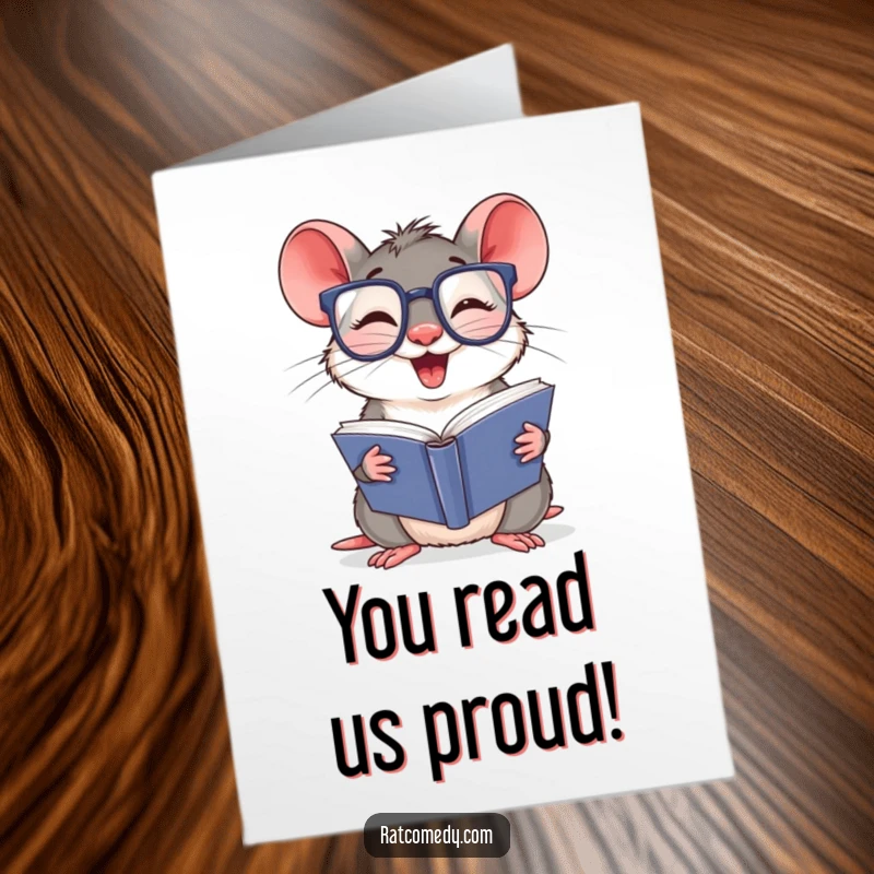 Free Printable Congratulations Card: A giggling rat wearing oversized glasses, joyfully reading a very thick book. Intelligent and celebratory.