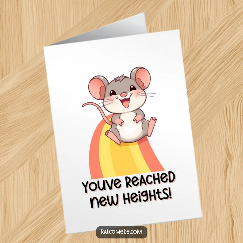 Funny Free Printable Rat joyfully sliding down a rainbow, celebrating an achievement, ideal for a congrats downloadable card.