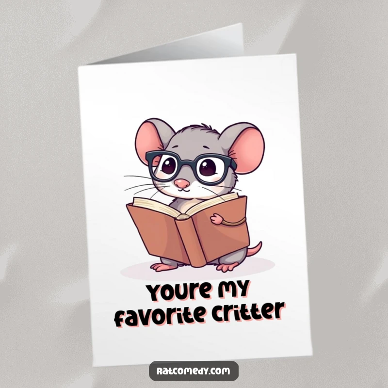 Funny Free Printable Thank You Card with a small rat wearing spectacles, reading a giant book. A thank you for the knowledge.