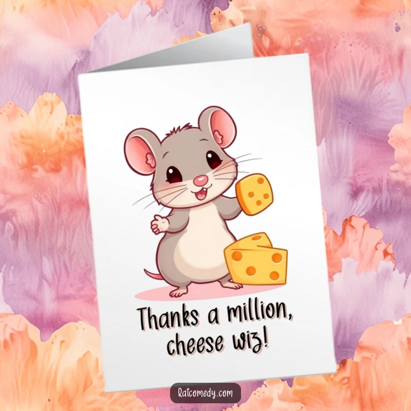 Funny Free Printable Thank You Card: Concentrating rat juggles a stack of cheese wheels, sending thanks.