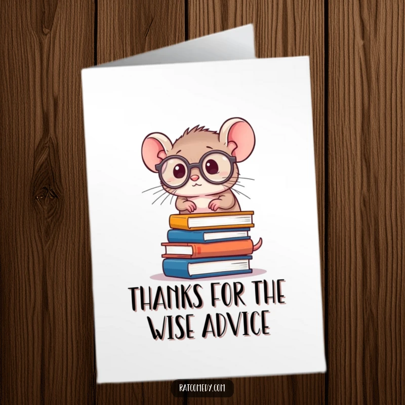 Funny free printable thank you card featuring a tiny, round rat with big spectacles, struggling to balance a stack of books, expressing thanks humorously.