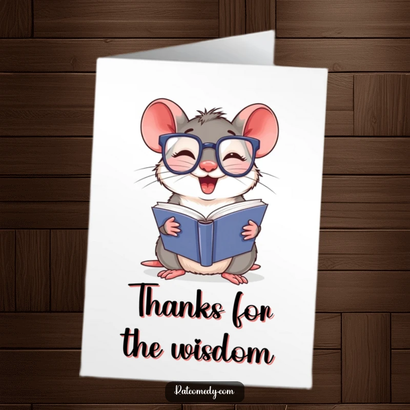 Free Printable Thank You Card: Joyful rat in large glasses, engrossed in a voluminous book. A witty thank you.