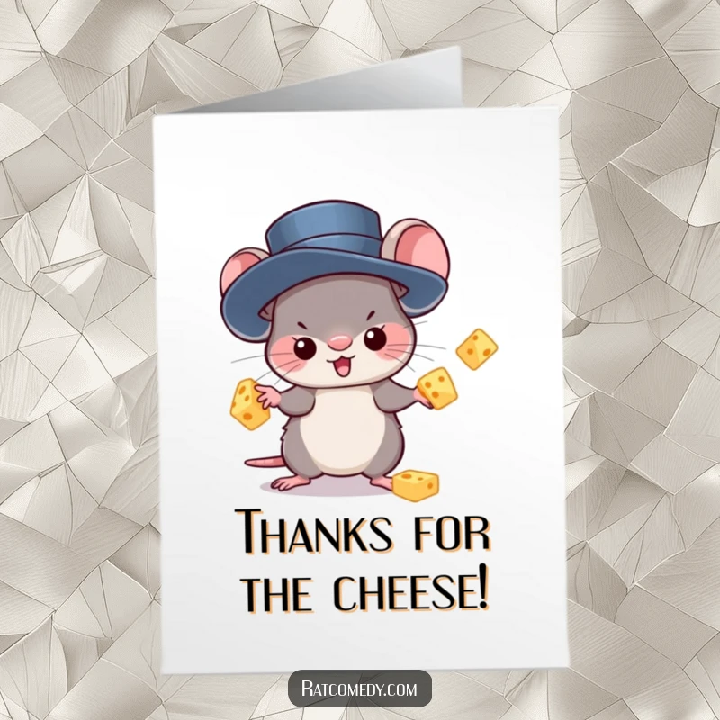 Free Printable Thank You Card: Adorable rat in a top hat, juggling cheese chunks with impressive skill. A delightful thank you.