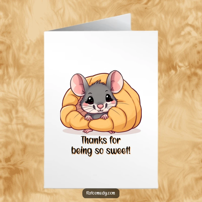 Funny Free Printable Rat curiously peeking from behind a massive croissant, a sweet way to say thank you downloadable card.