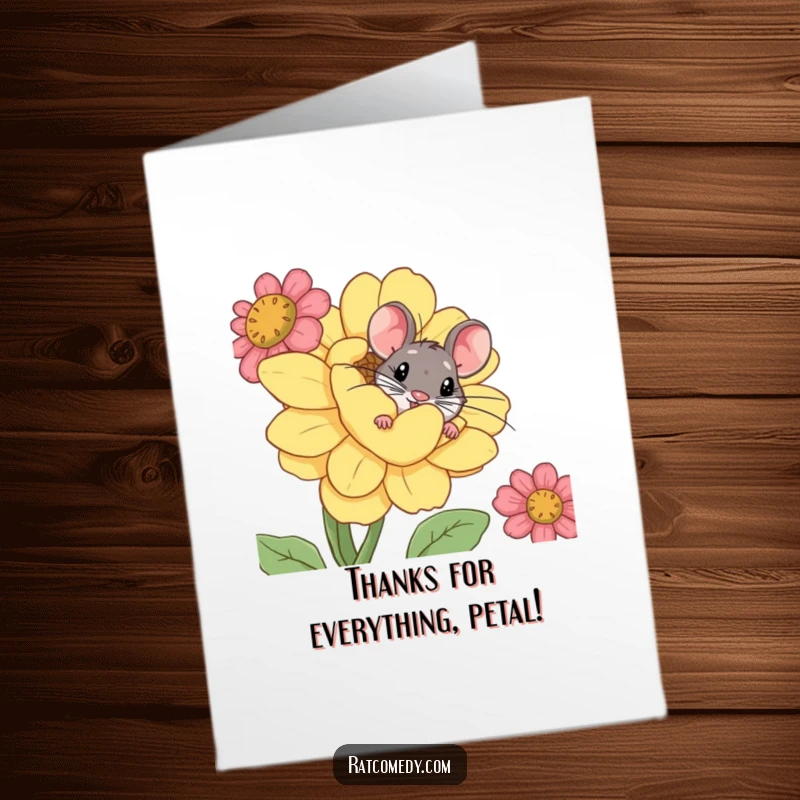 Funny Free Printable Thank You Card: A curious rat peeks from behind a huge, comical flower, saying thank you.