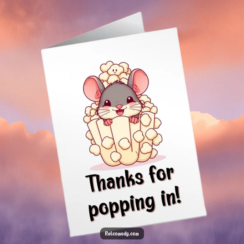 Free Printable Thank You Card: A happy rat peeking from behind an overflowing popcorn kernel. Fun and grateful.