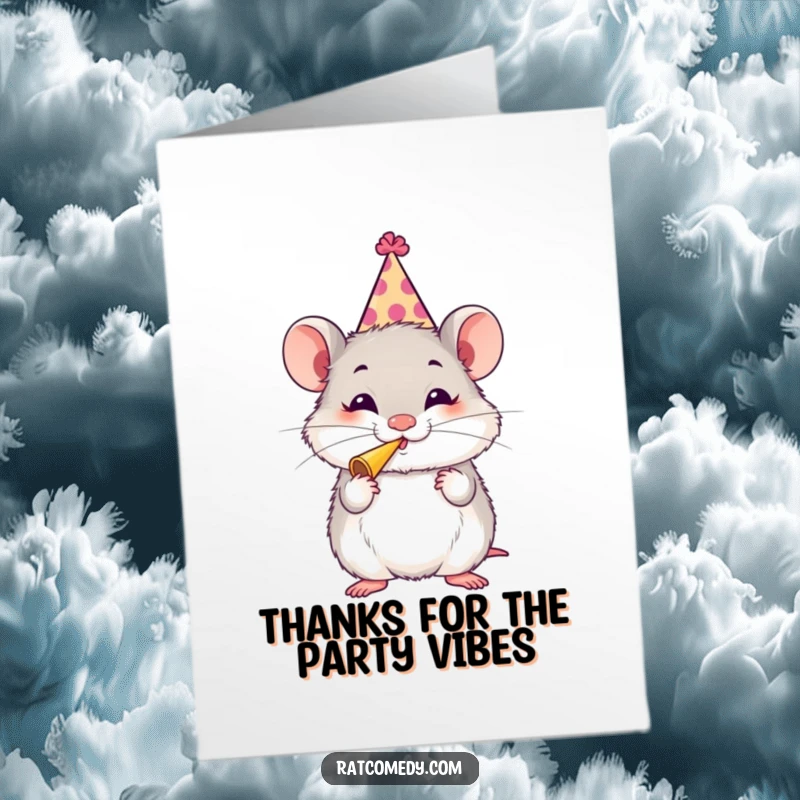 Funny free printable thank you card: A fluffy rat sporting a silly party hat and blowing a party horn with glee, sending joyful thanks.