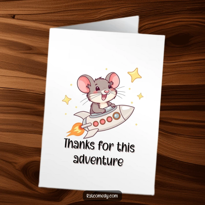 Funny free printable thank you card: A whiskered rat gleefully pilots a mini rocket ship through a starry sky, sending cosmic thanks with a smile.