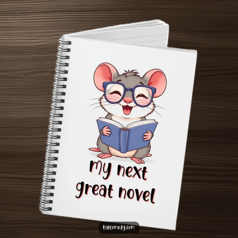 Funny Notebook featuring a giggling rat with oversized glasses, reading a thick book. Ideal for notes, journaling, and studying.