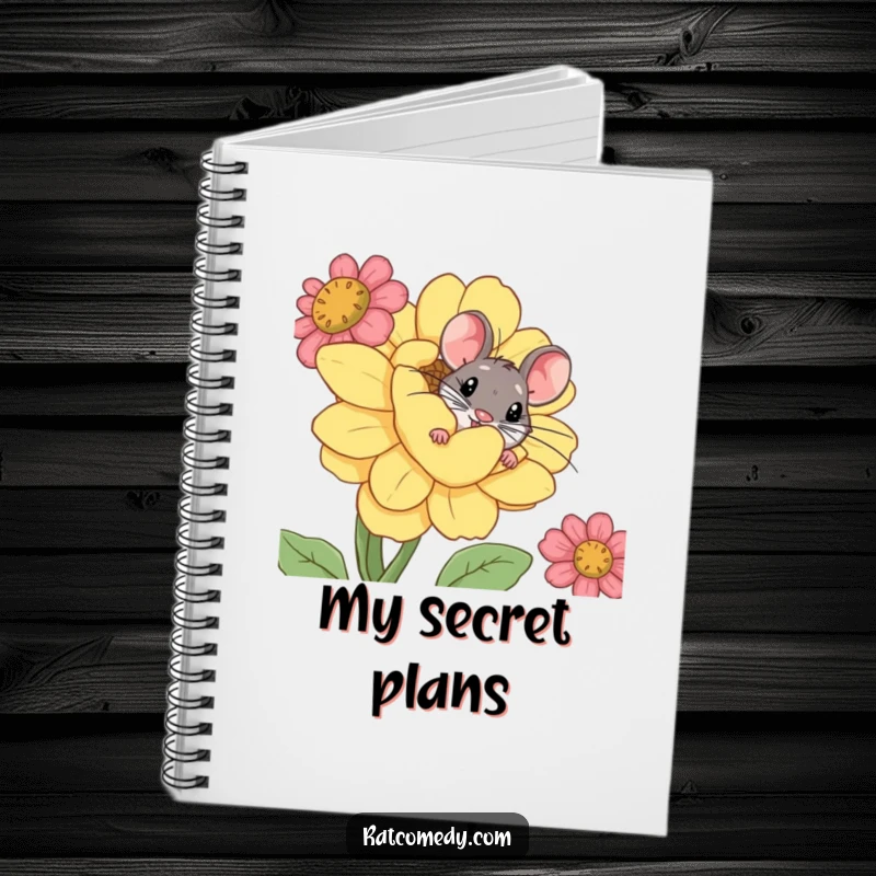 Funny notebook cover featuring a rat peeking with curiosity from behind a large, comical flower, perfect for notes.