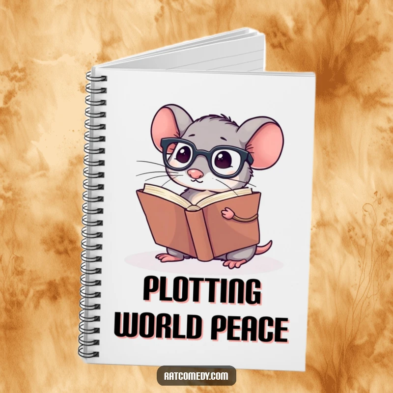 Funny Notebook with a small rat wearing spectacles, reading a giant book on the cover.