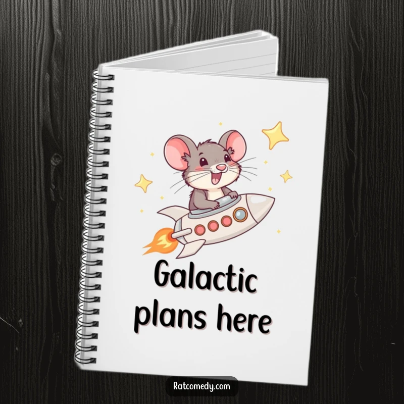 Funny Rat Rocket Notebook with a whiskered rat piloting a rocket through a starry sky, designed for jotting down ideas with cosmic humor.