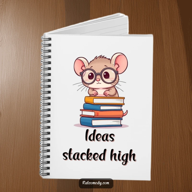Funny Rat Scholar Notebook with a tiny rat, spectacles, and books, designed for jotting down ideas with a humorous, intellectual flair.