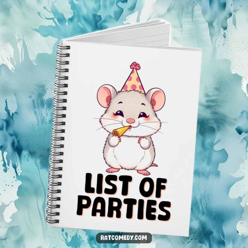 Funny Rat Party Notebook with a fluffy rat in a party hat blowing a horn, designed for jotting down ideas with festive humor.
