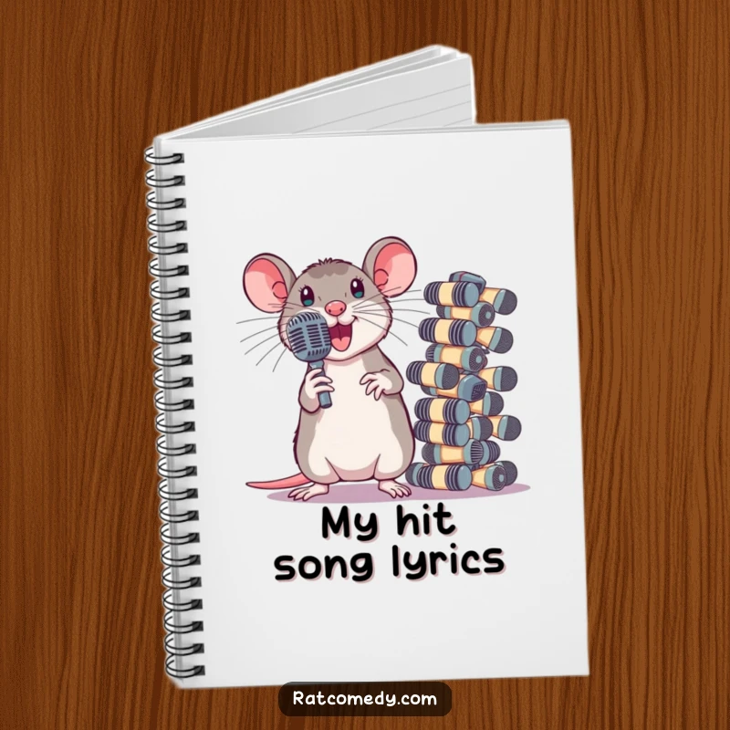 Funny Notebook featuring a dramatic rat posing next to a large stack of tiny microphones. Ideal for notes, journaling, and lyrics.