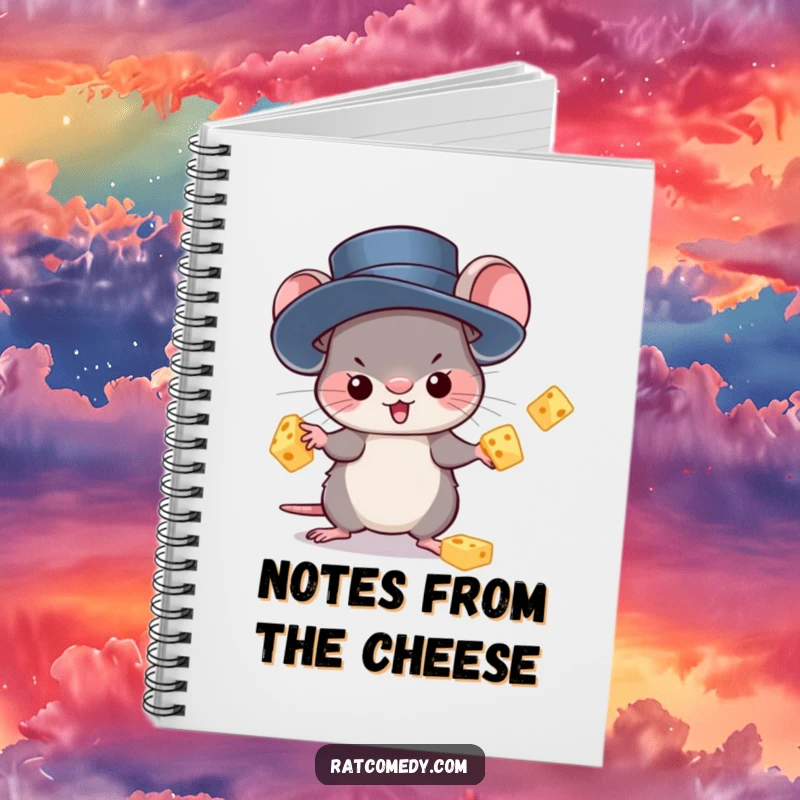 Funny Notebook with a kawaii rat in a top hat, juggling cheese. Ideal for notes, journaling, and doodling.