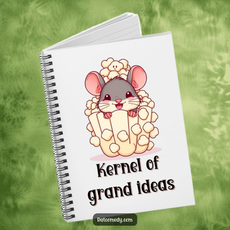 Funny Notebook featuring a cheerful rat peeking from a giant popcorn kernel. Ideal for notes, journaling, and snack lists.