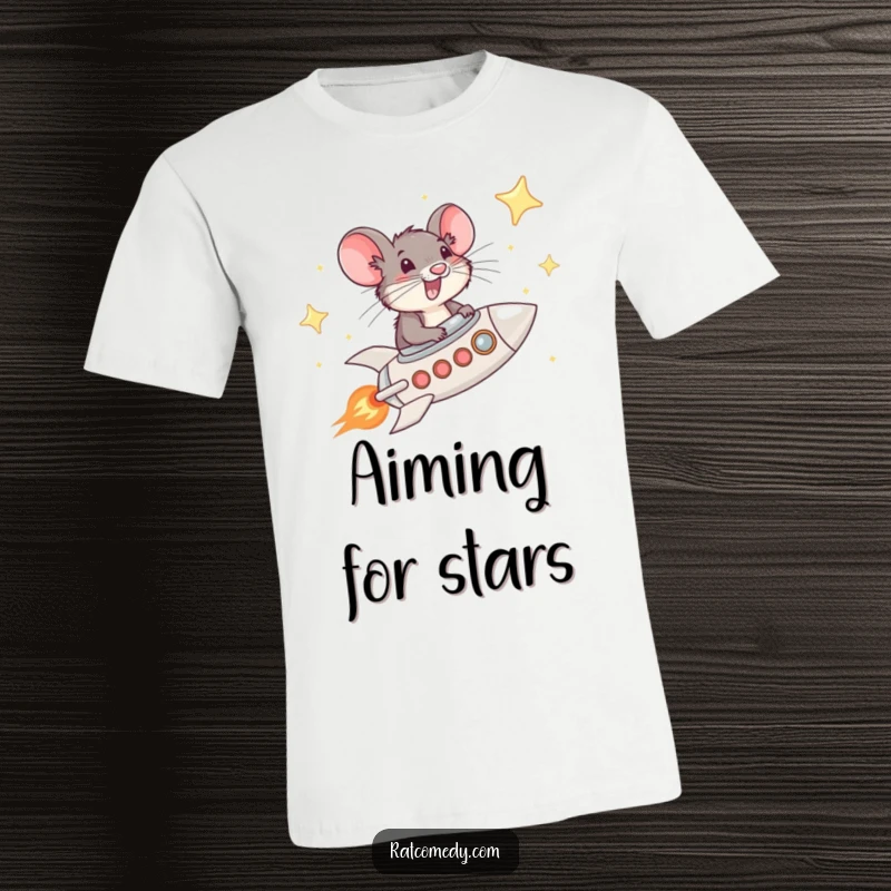 Funny Rat Rocket T-Shirt featuring a whiskered rat joyfully piloting a rocket through a starry sky, expressing a love for space and adventure humorously.