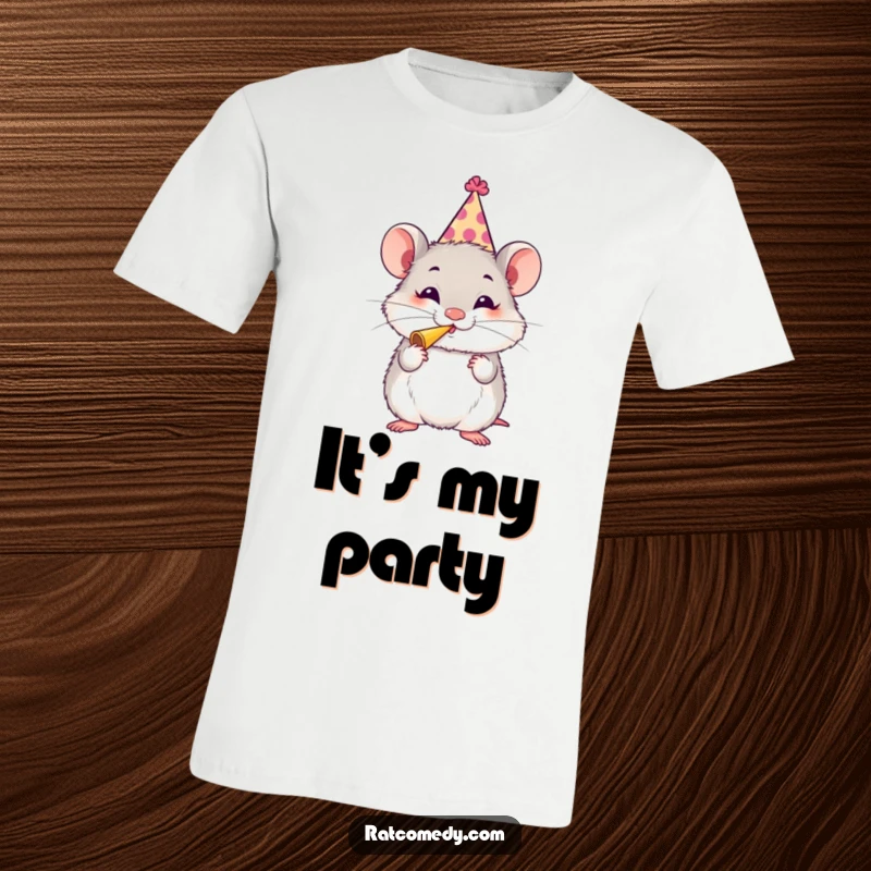 Funny Rat Party T-Shirt featuring a fluffy rat wearing a silly party hat and blowing a party horn with glee, expressing joyful celebration humorously.