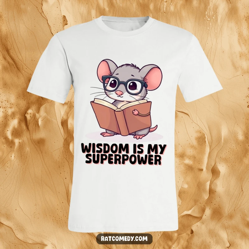 Funny T-Shirt featuring a small rat wearing spectacles, reading a giant book; perfect for bookworms and humor enthusiasts.