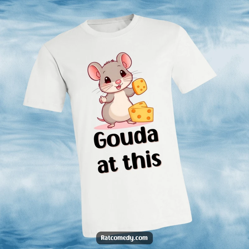 Funny t-shirt with a small, energetic rat intensely juggling multiple brightly colored cheese wheels.