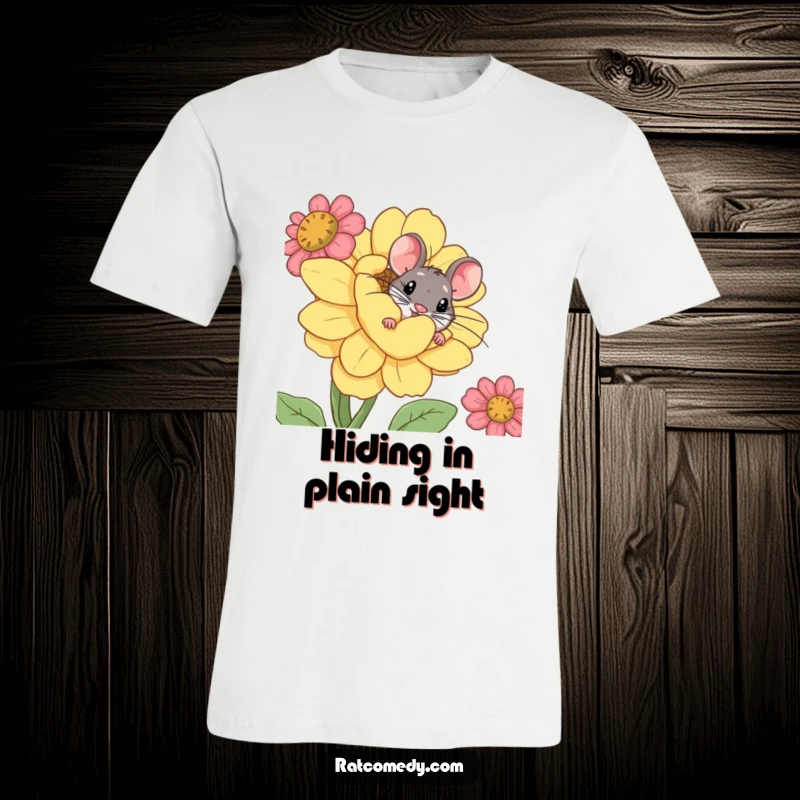 Funny t-shirt showcasing a rat peeking with curiosity from behind an oversized, comical flower with a cheerful expression.