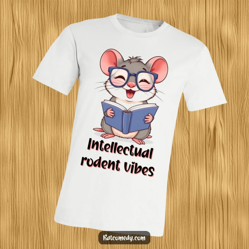 Funny T-Shirt depicting a giggling rat wearing huge glasses, intensely reading a large book. Intellectual and humorous apparel.