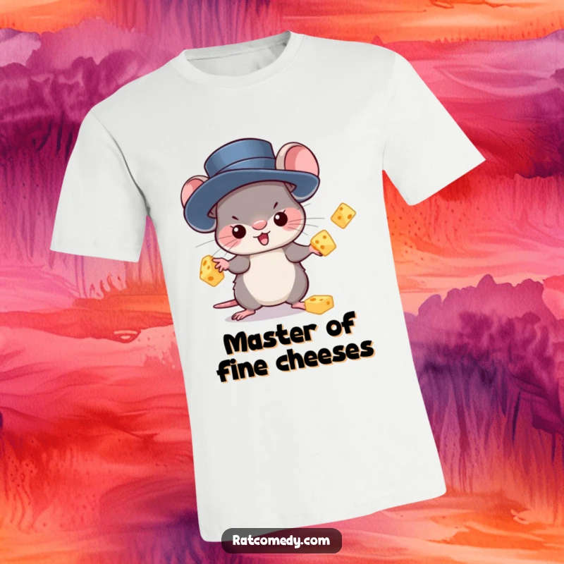 Funny T-Shirt with a kawaii rat in a tiny top hat, expertly juggling cheese chunks. Cute and humorous apparel for cheese lovers.