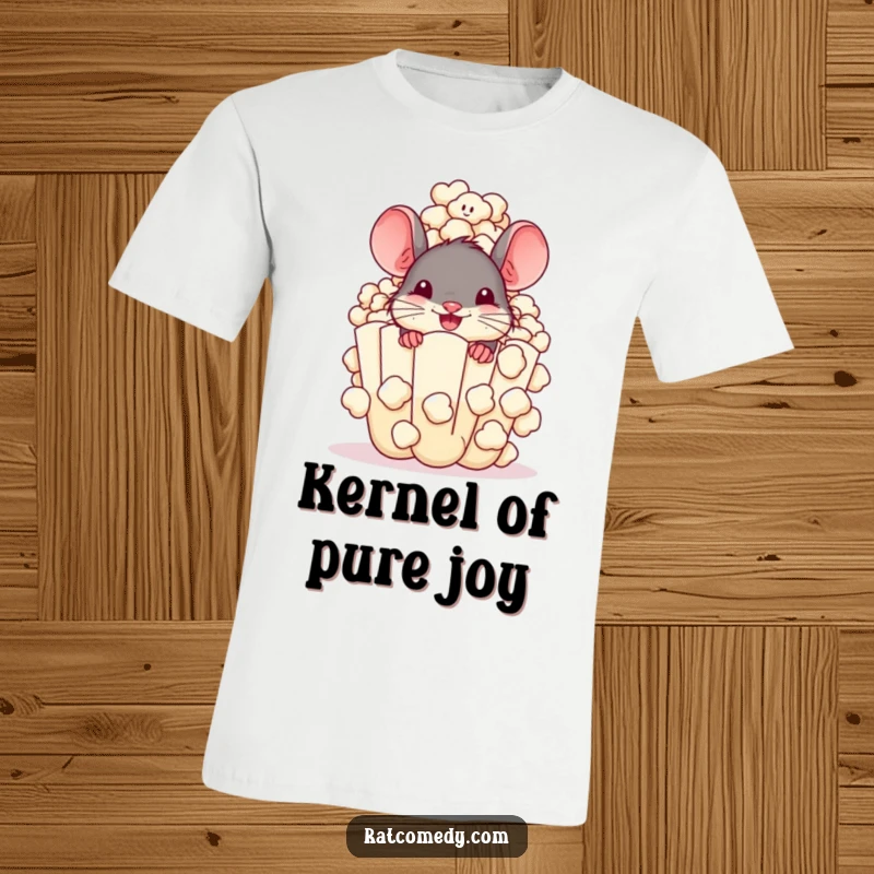 Funny T-Shirt with a cheerful rat peeking from behind a huge popcorn kernel, bursting with kernels. Snack-themed humor.