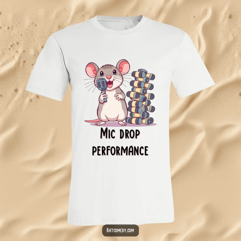 Funny T-Shirt with a dramatic rat posing next to a huge pile of tiny microphones. Rockstar attire for performers.
