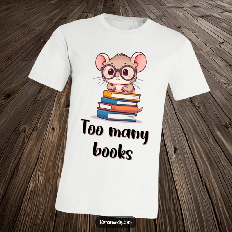 Funny Rat Scholar T-Shirt depicting a tiny, round rat with oversized spectacles, precariously balancing a tall stack of books, emphasizing nerdy humor.