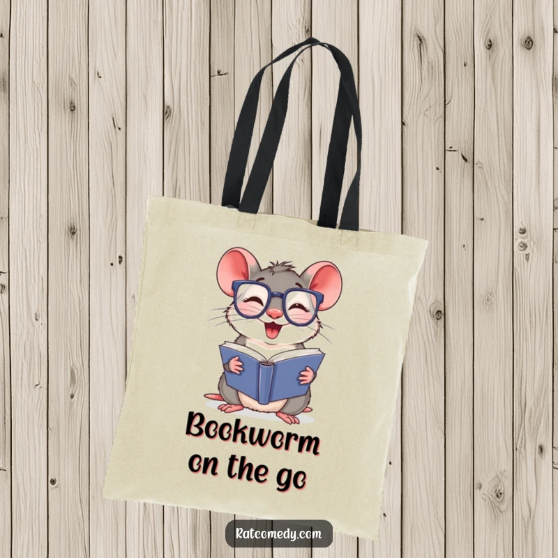 Funny Tote Bag with a giggling rat wearing oversized glasses, reading a thick book. Ideal for carrying books and essentials.